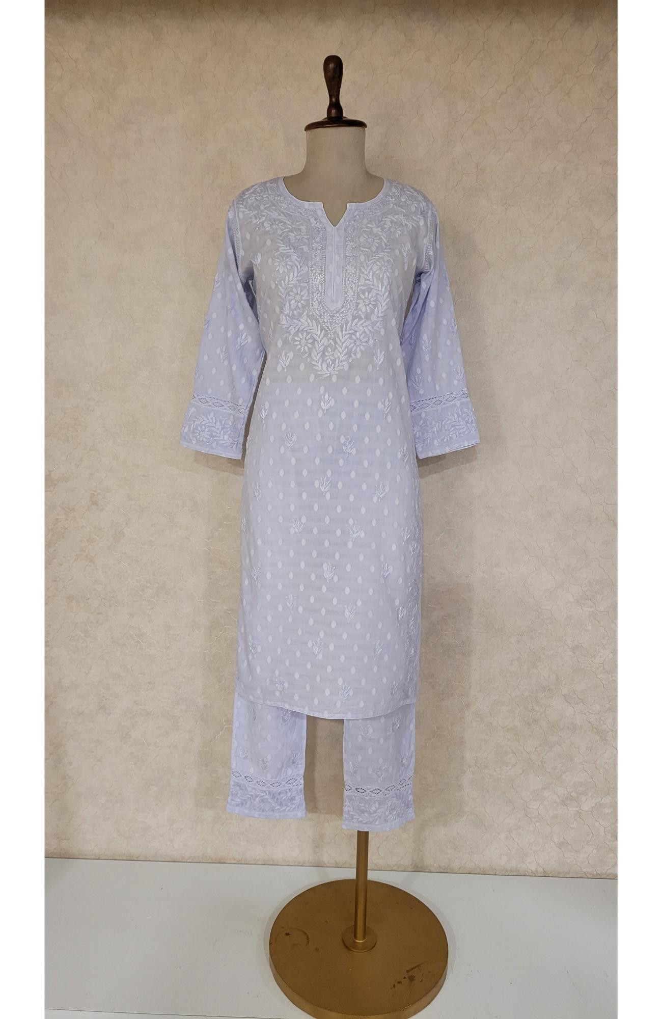 Blue Mul Cotton Chikankari Kurta & Pant Set