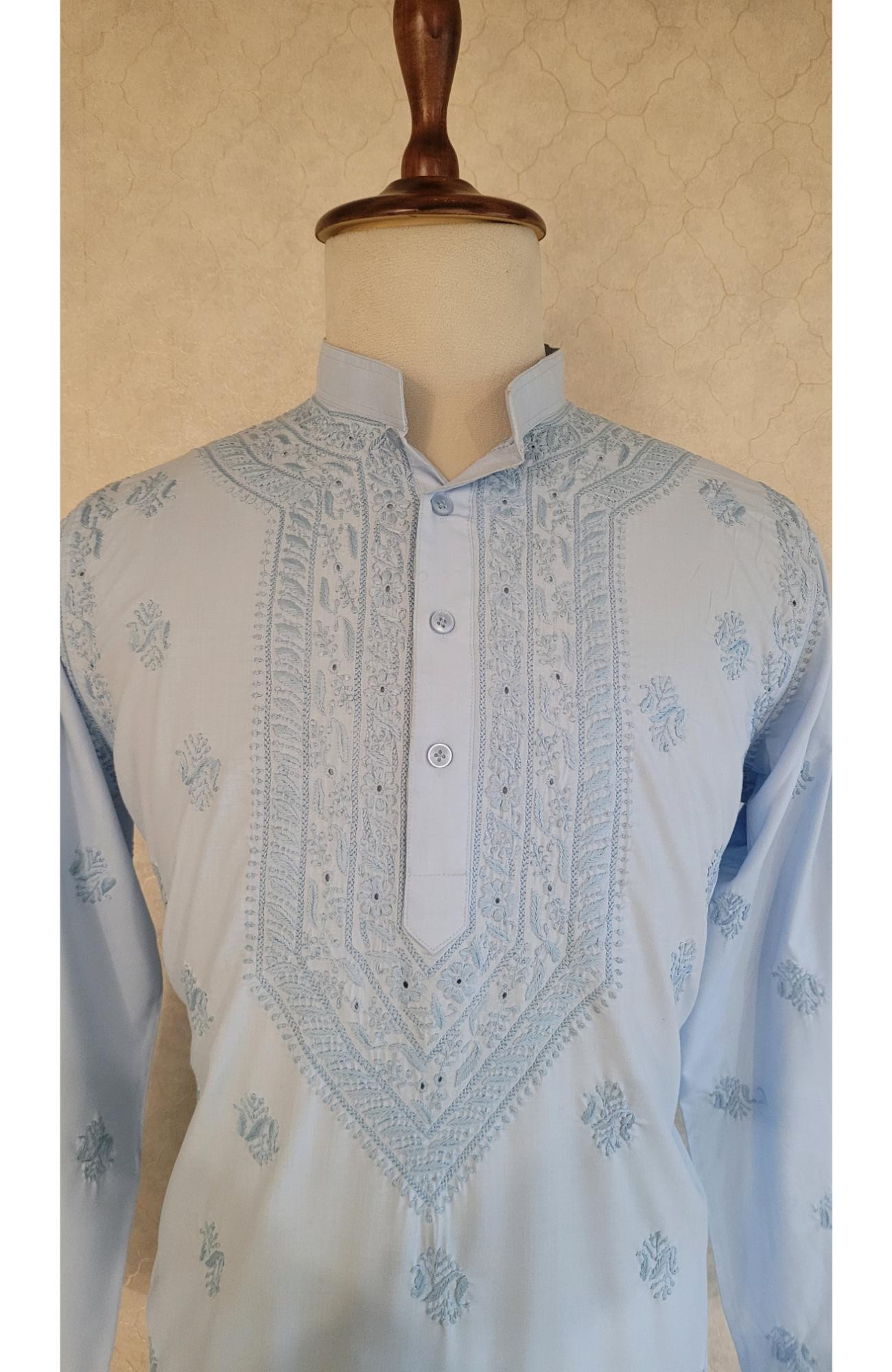 Blue Cotton Linen Chikankari Kurta