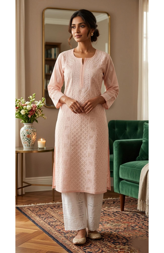 Image of Blush Pink Cotton  Hand Embroidered Chikankari Kurti