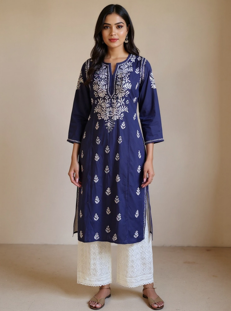 Image of Purple Blue Cambric Cotton Chikankari Kurta
