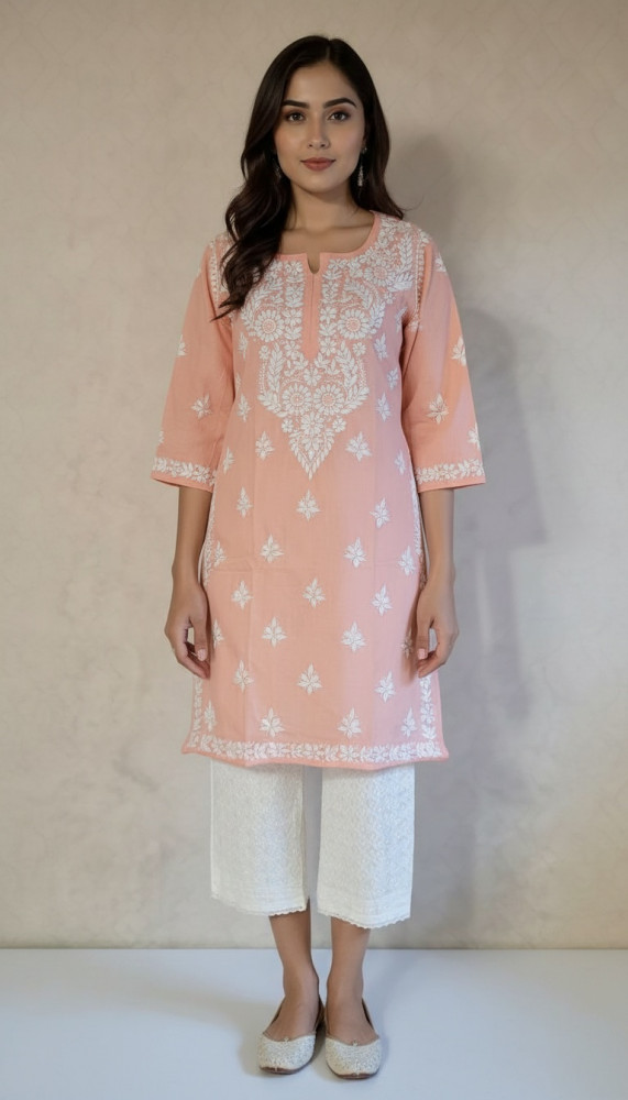 Image of Pink Khadi Cotton Chikankari Kurta