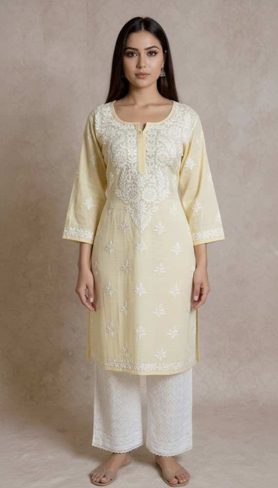 Image of Lemon Yellow Khadi Cotton Chikankari Kurta