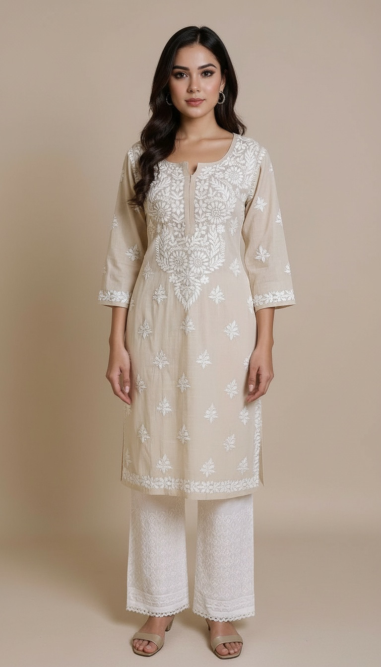Beige Khadi Cotton Chikankari Kurta