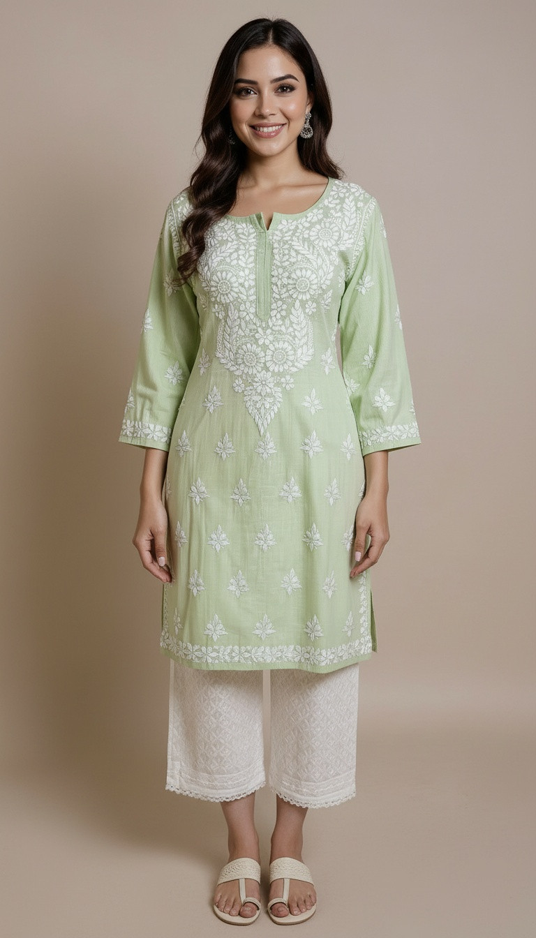 Green Khadi Cotton Chikankari Kurta