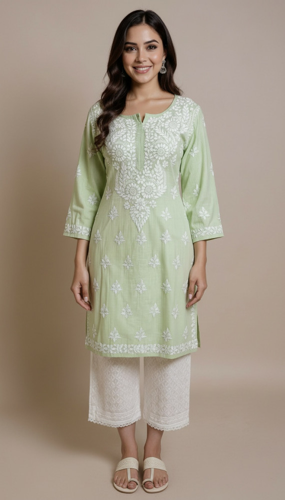 Image of Green Khadi Cotton Chikankari Kurta