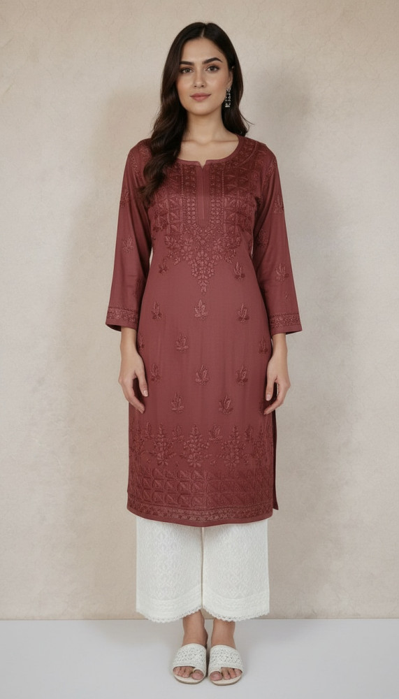 Image of Maroon Modal Chikankari Kurta