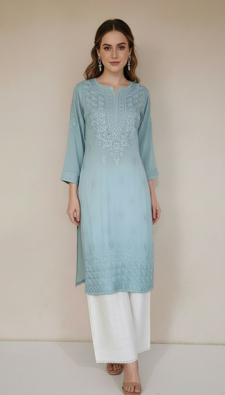 Teal Blue Modal Chikankari Kurta