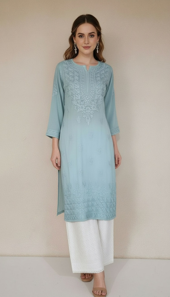 Image of Teal Blue Modal Chikankari Kurta