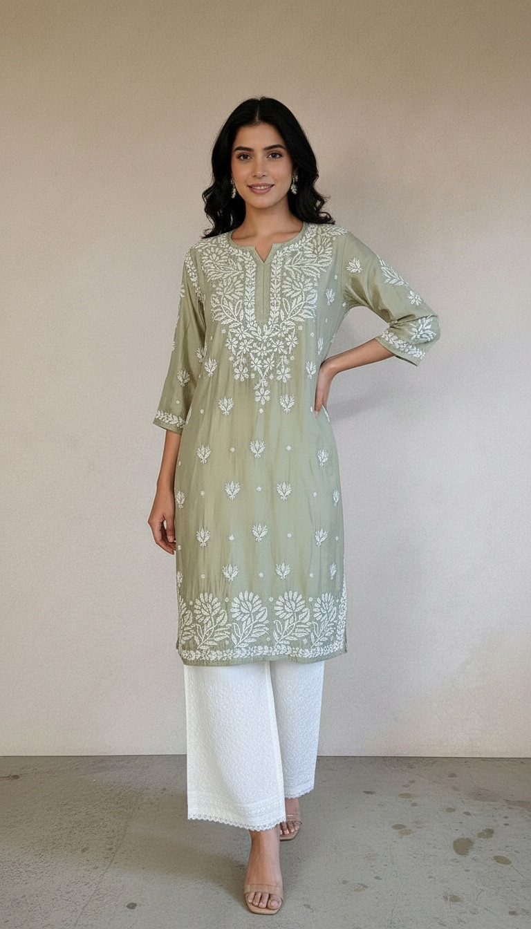 Olive Green Ombre Chikankari Kurta