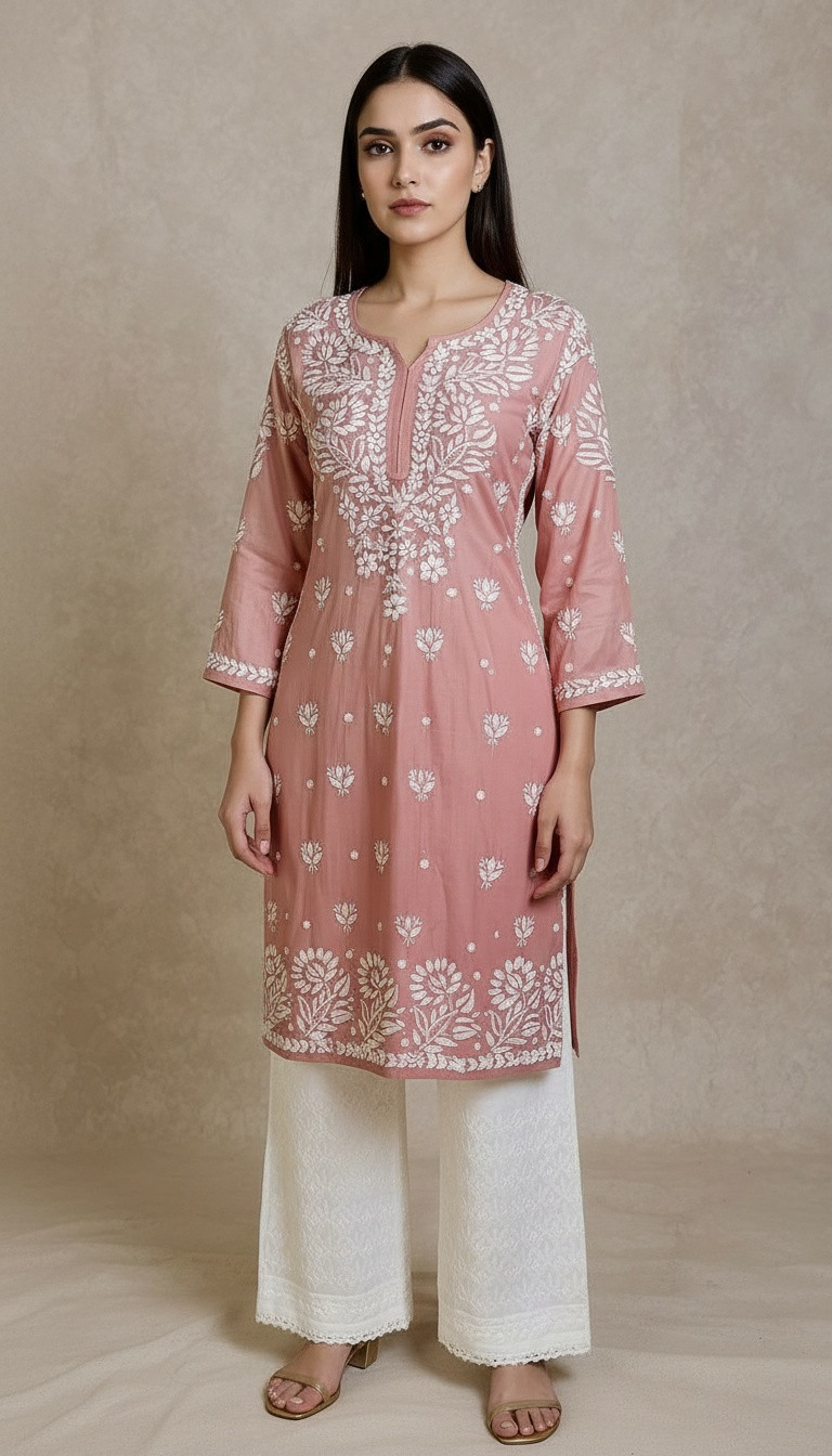 Dark Pink Ombre Muslin Chikankari Kurta