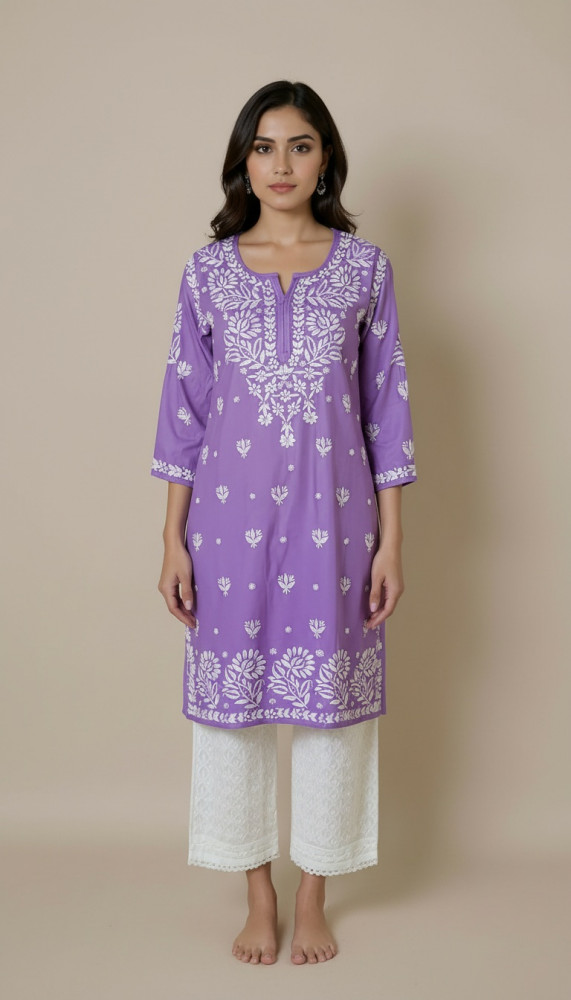 Image of Purple Ombre Muslin Chikankari Kurta