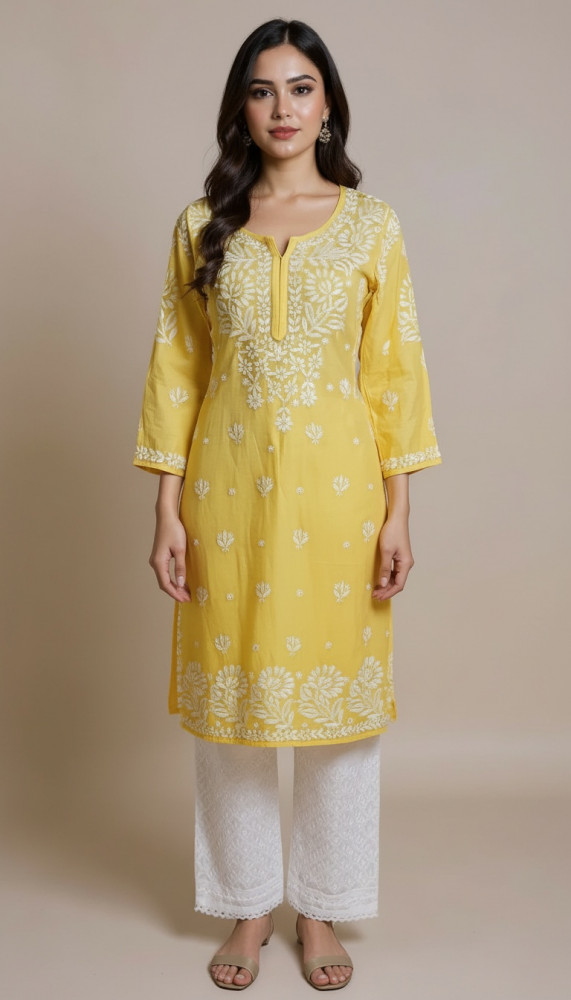 Image of Yellow Muslin Chikankari Kurta