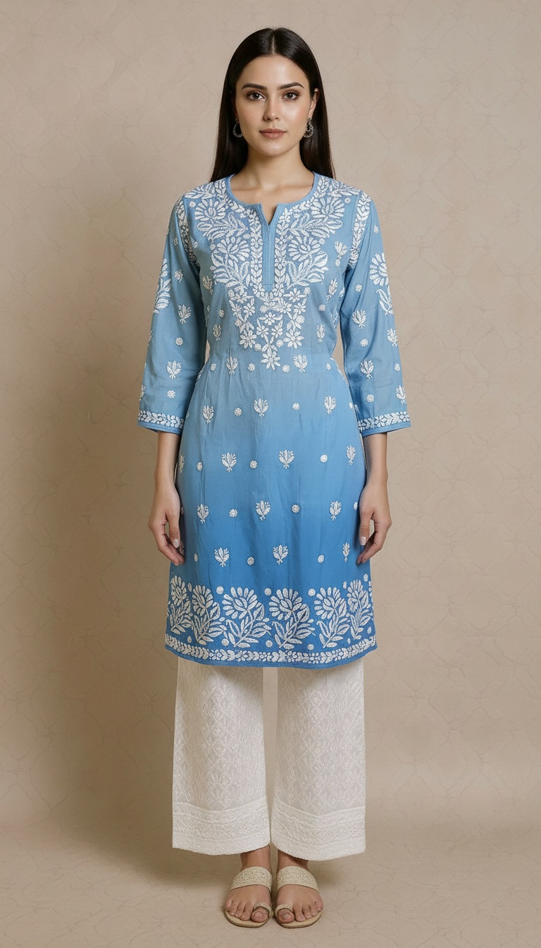 Dark Blue Ombre Muslin Chikankari Kurta