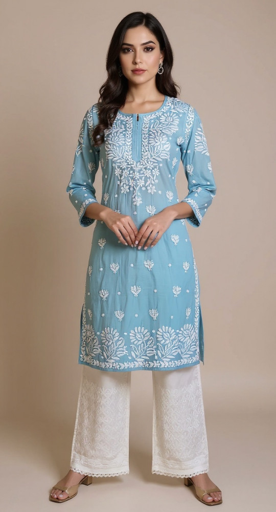 Image of Blue Ombre Muslin Chikankari Kurta