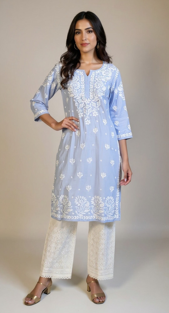 Image of Blue Muslin Chikankari Kurta