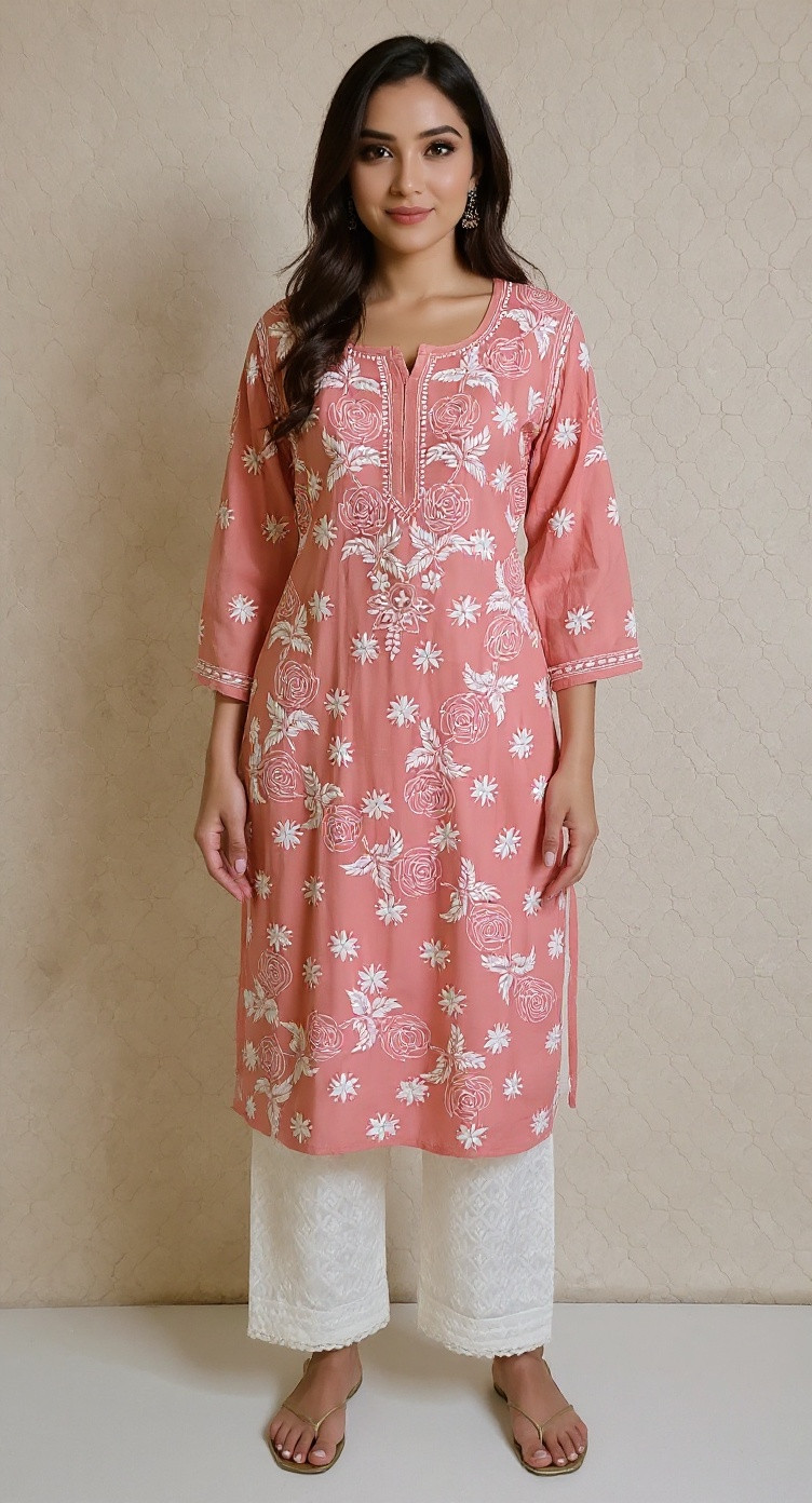 Pink Muslin Chikankari Kurta