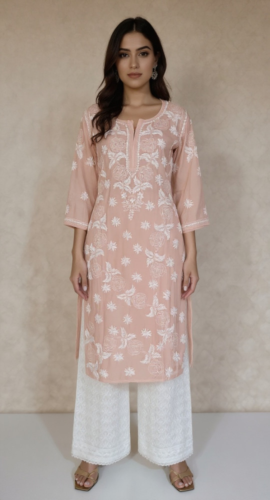 Image of Beige Muslin Chikankari Kurta