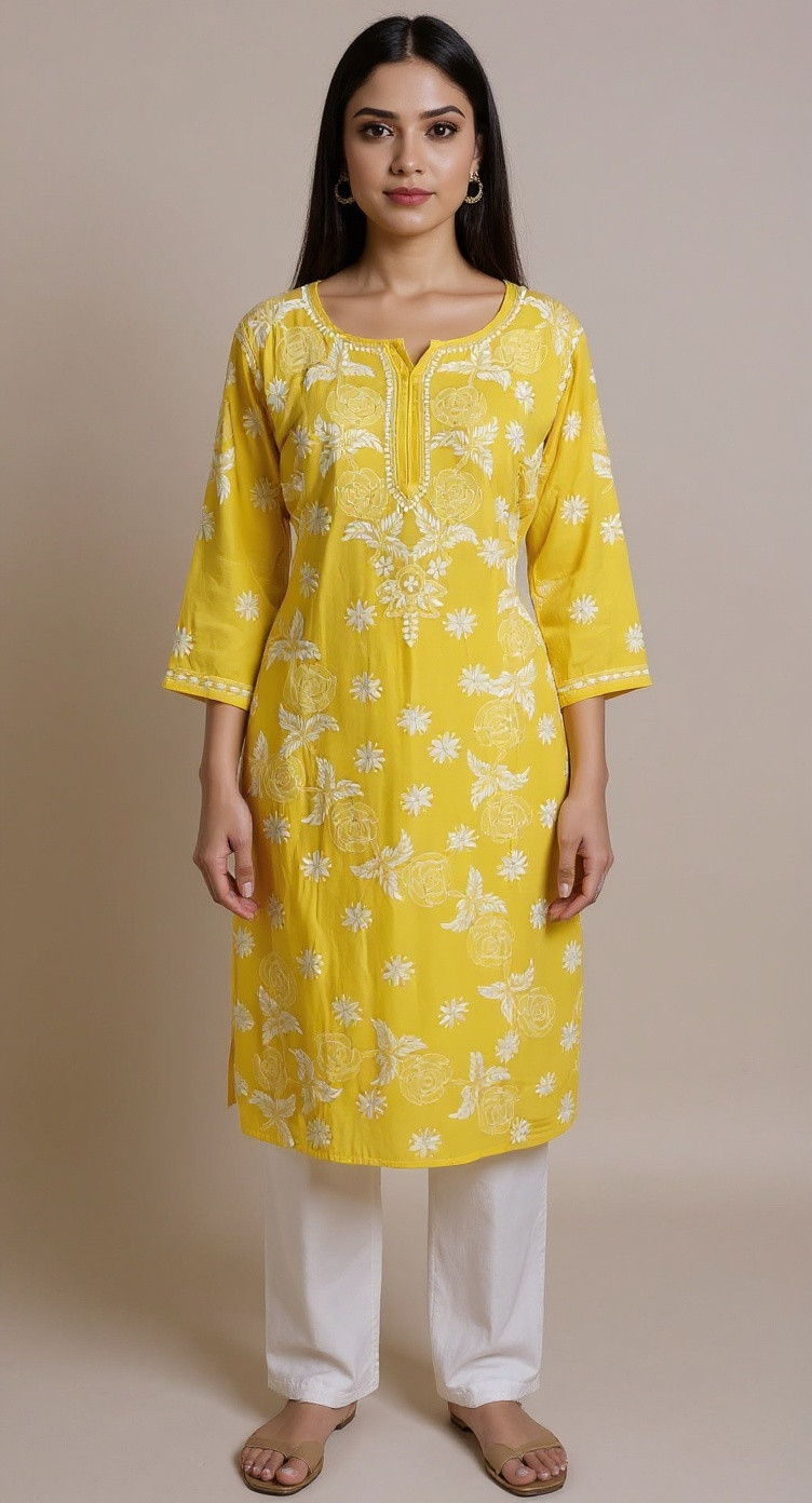 Yellow Muslin Chikankari Kurta
