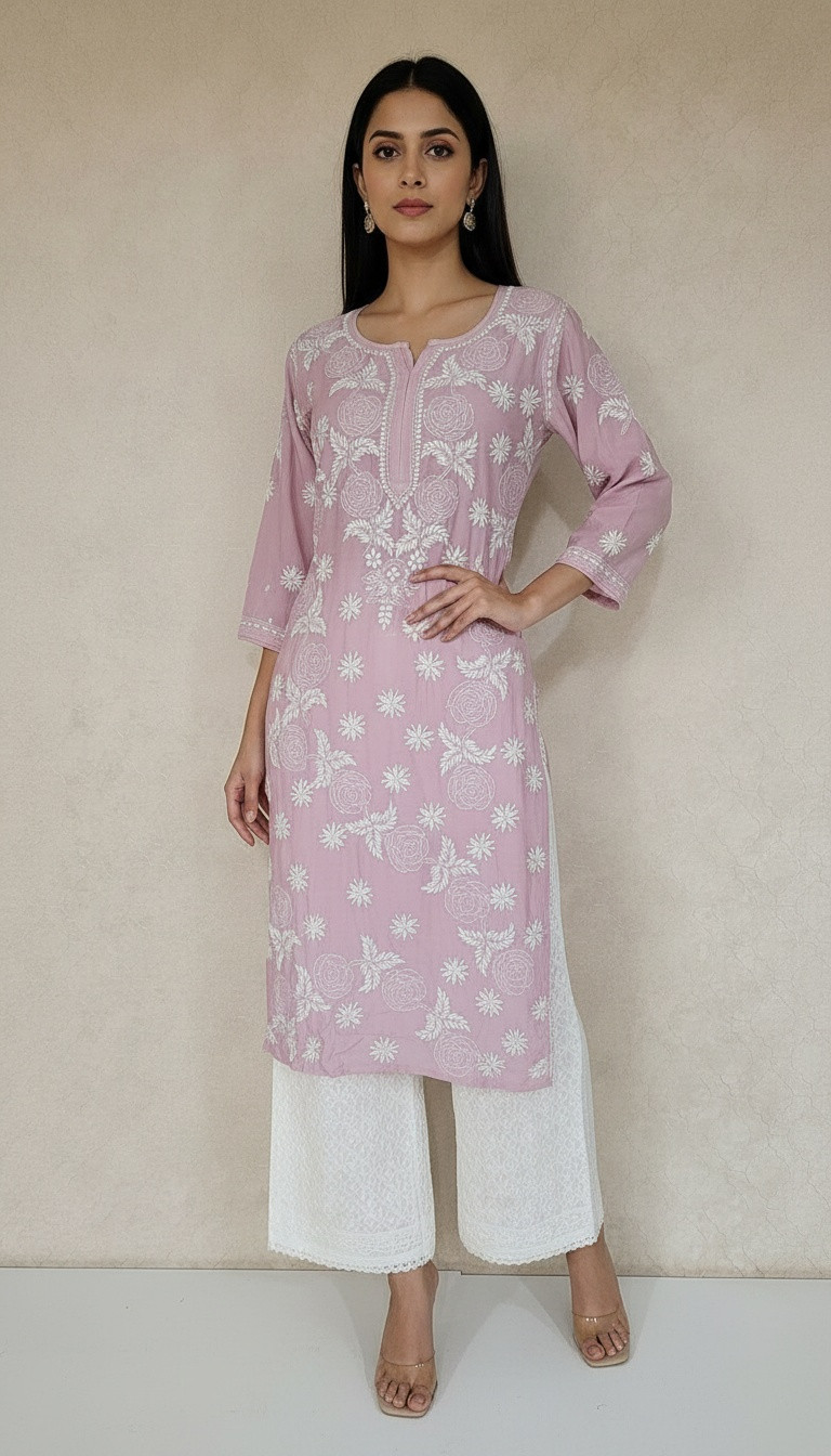 Onion Pink Muslin Chikankari Kurta