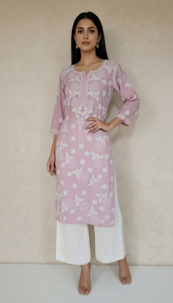 Image of Onion Pink Muslin Chikankari Kurta