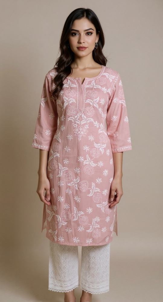Image of Dark Pink Muslin Chikankari Kurta