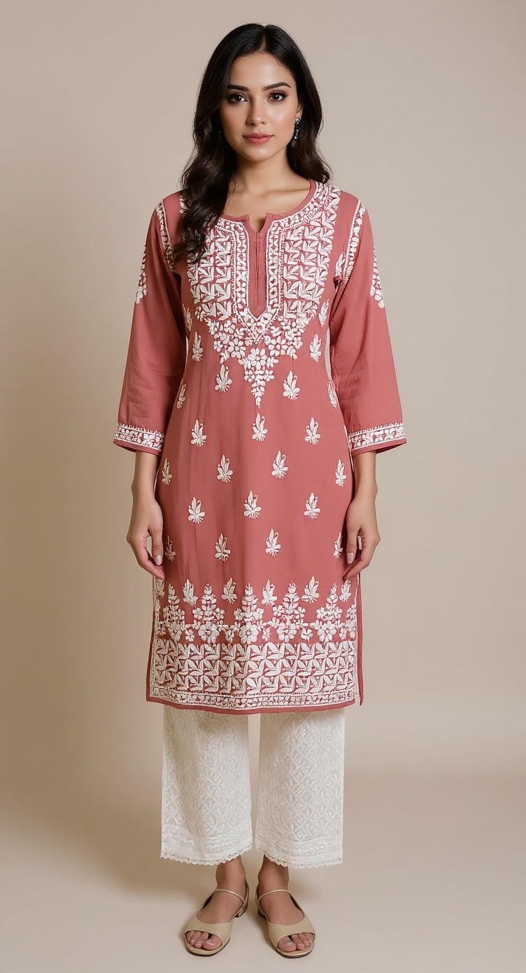 Peach Pink Modal Chikankari Kurta