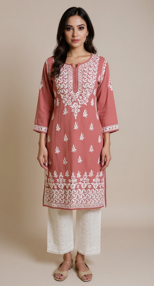 Image of Peach Pink Modal Chikankari Kurta