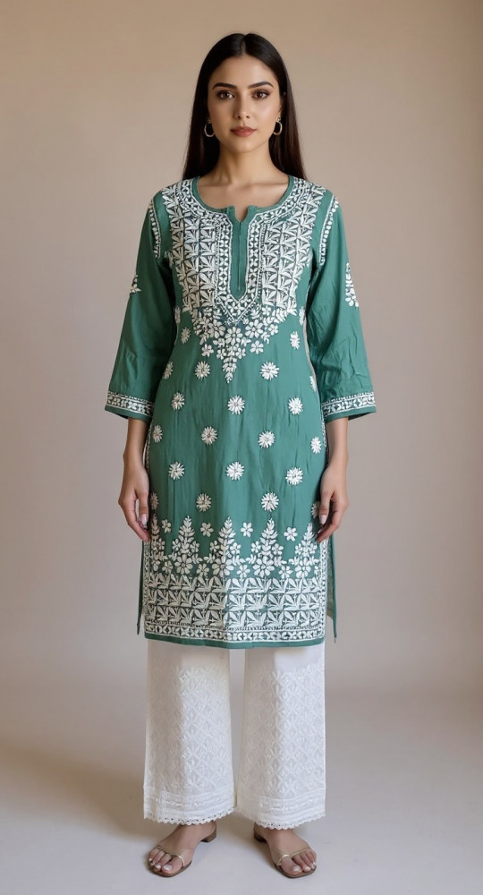 Image of Green Modal Chikankari Kurta