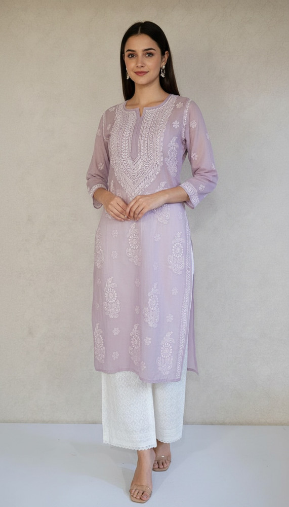 Image of Onion Pink Mul Chanderi Chikankari Kurta