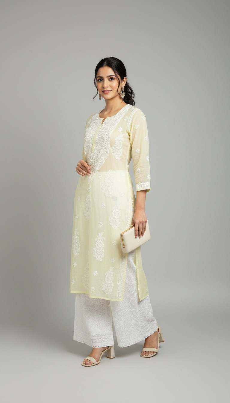 Yellow Mul Chanderi Chikankari Kurta
