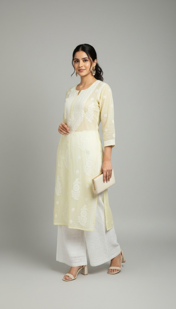 Image of Yellow Mul Chanderi Chikankari Kurta