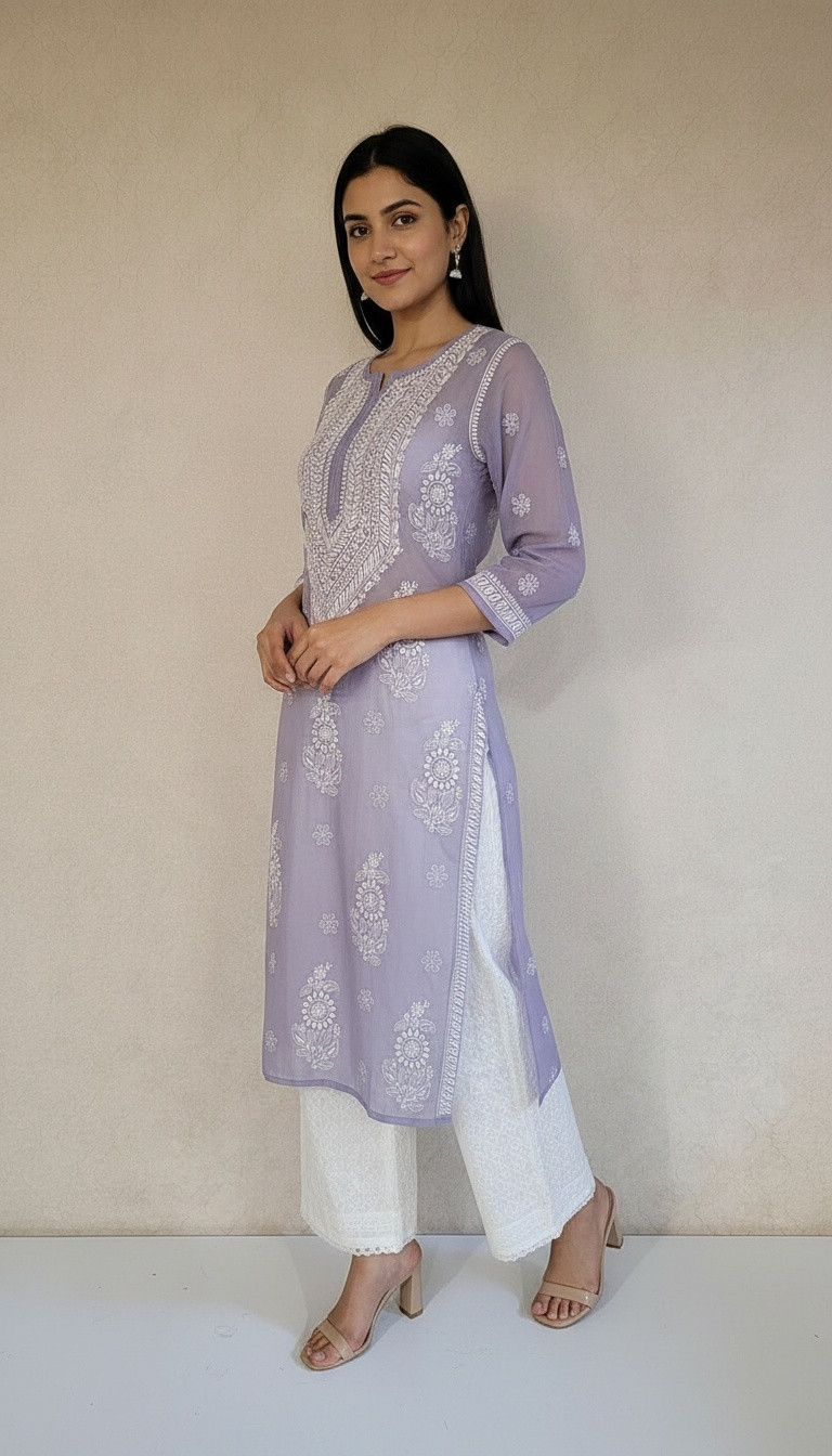 Light Blue Mul Chanderi Chikankari Kurta