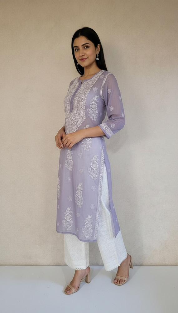 Image of Light Blue Mul Chanderi Chikankari Kurta