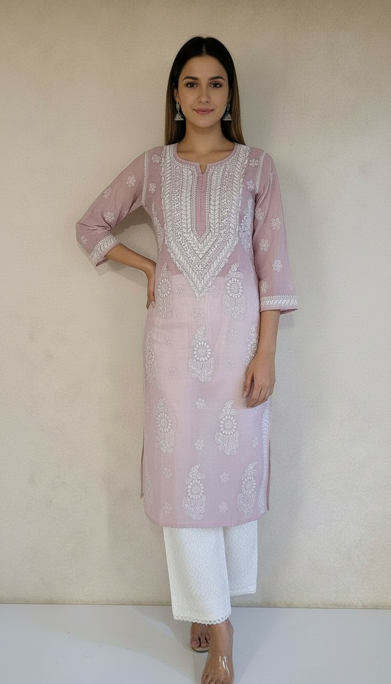 Light Onion Pink Mul Chanderi Chikankari Kurta