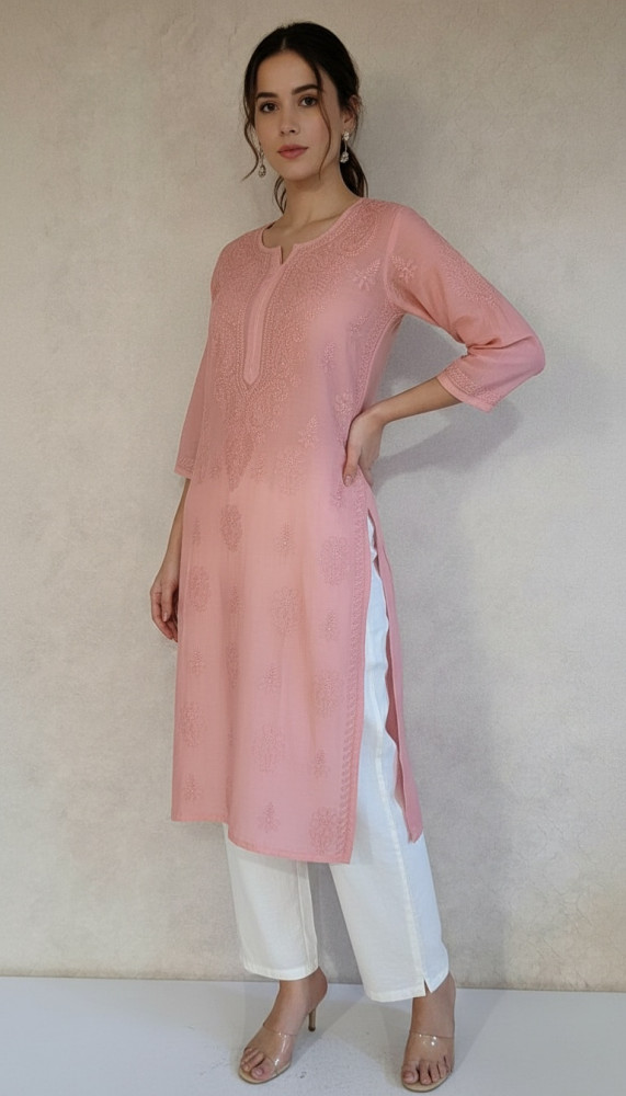 Image of Carrot Pink Muslin Chikankari Kurta