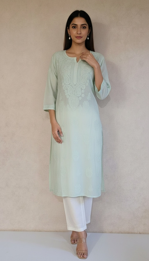 Image of Sea Green Muslin Chikankari Kurta