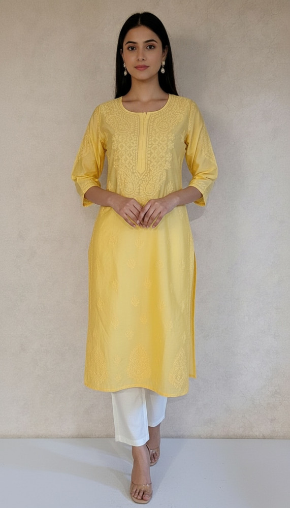 Image of Yellow Chanderi Chikankari Kurta