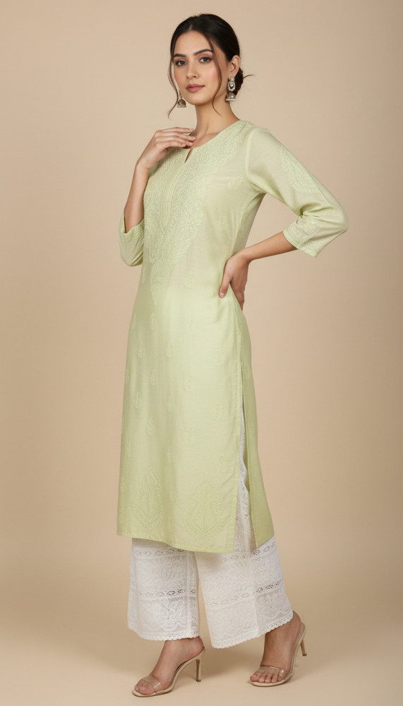 Image of Light Green Chanderi Sequence Chikankari Kurta