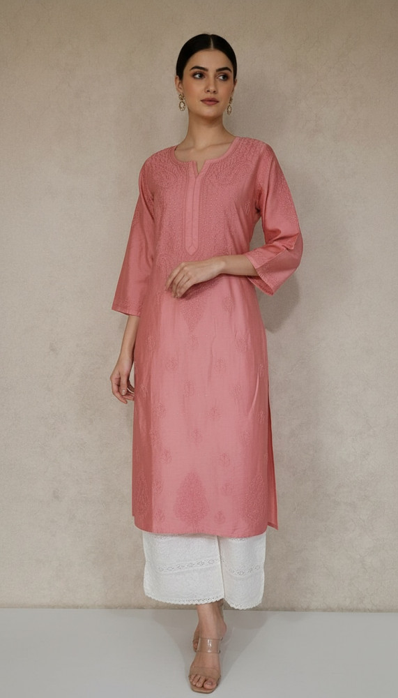 Image of Carrot Pink Chanderi Sequence Chikankari Kurti