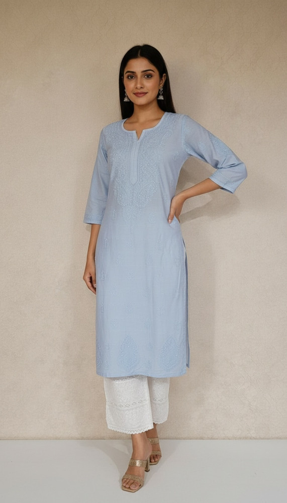 Image of Light Blue Chanderi Sequence Chikankari Kurta