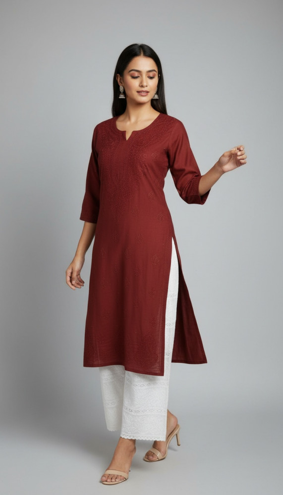 Image of Maroon Chanderi Sequence Chikankari Kurta