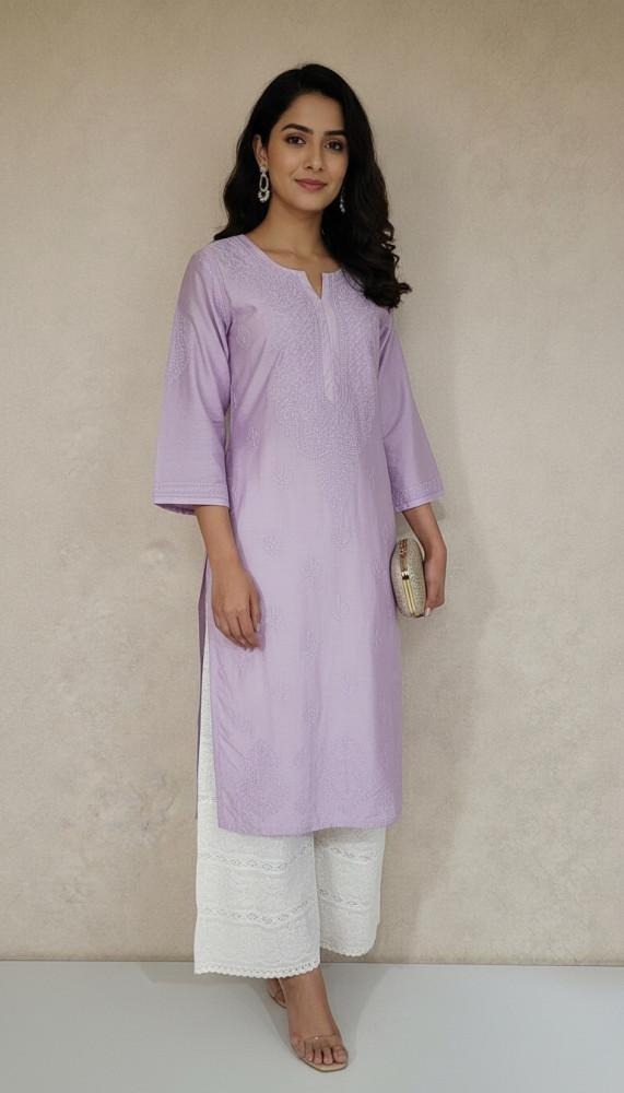 Image of Lavenderi Chanderi Sequence Chikankari Kurta