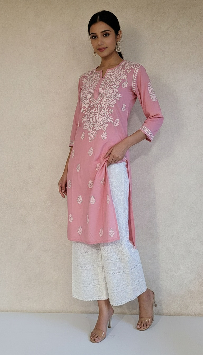 Carrot Pink Cambric Cotton Chikankari Kurta