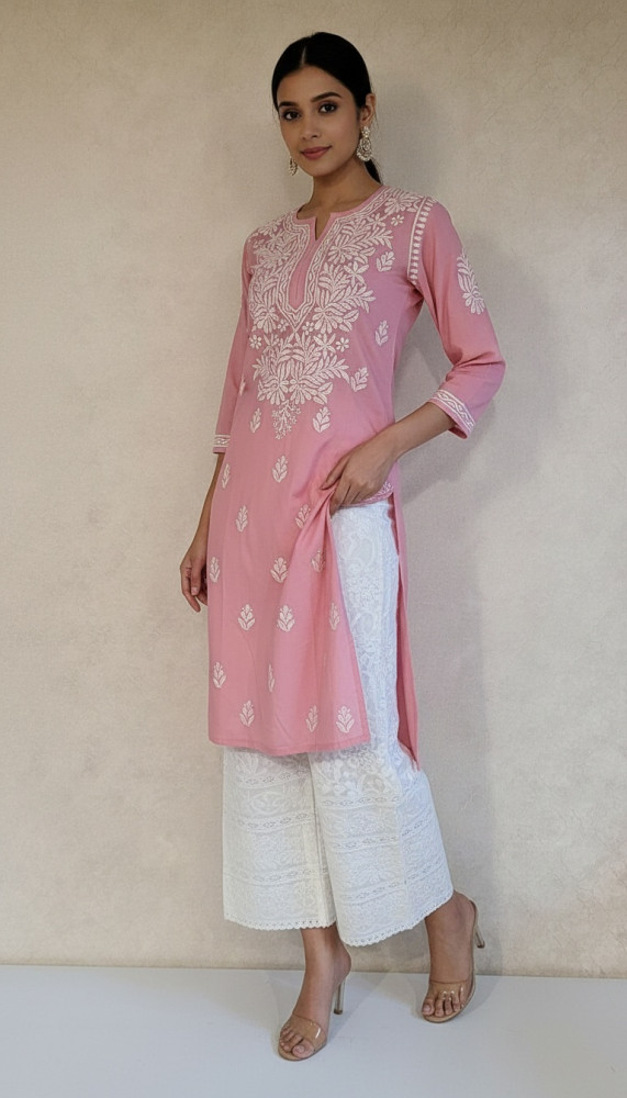 Image of Carrot Pink Cambric Cotton Chikankari Kurta