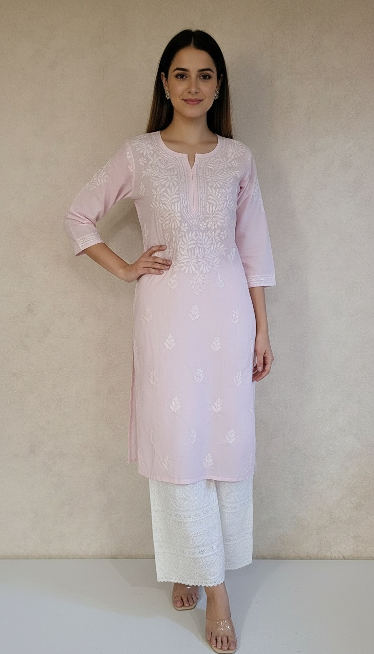 Baby Pink Combric  Cotton Chikankari Kurta