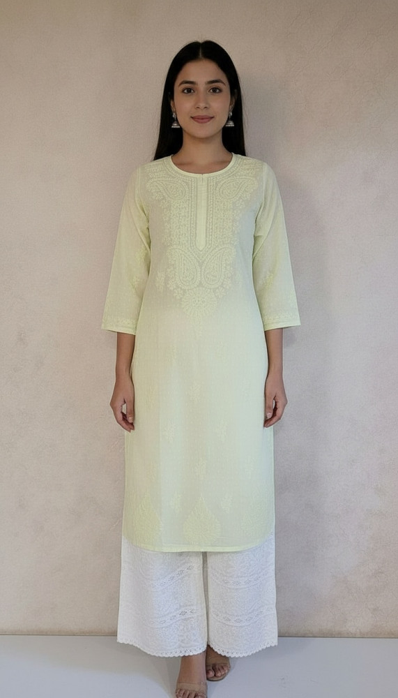 Image of Light Pista Green Cotton Chikankari Kurta