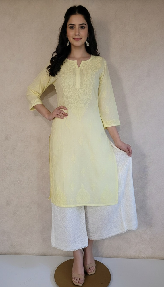 Image of Lemon Yellow Cotton Chikankari Kurta