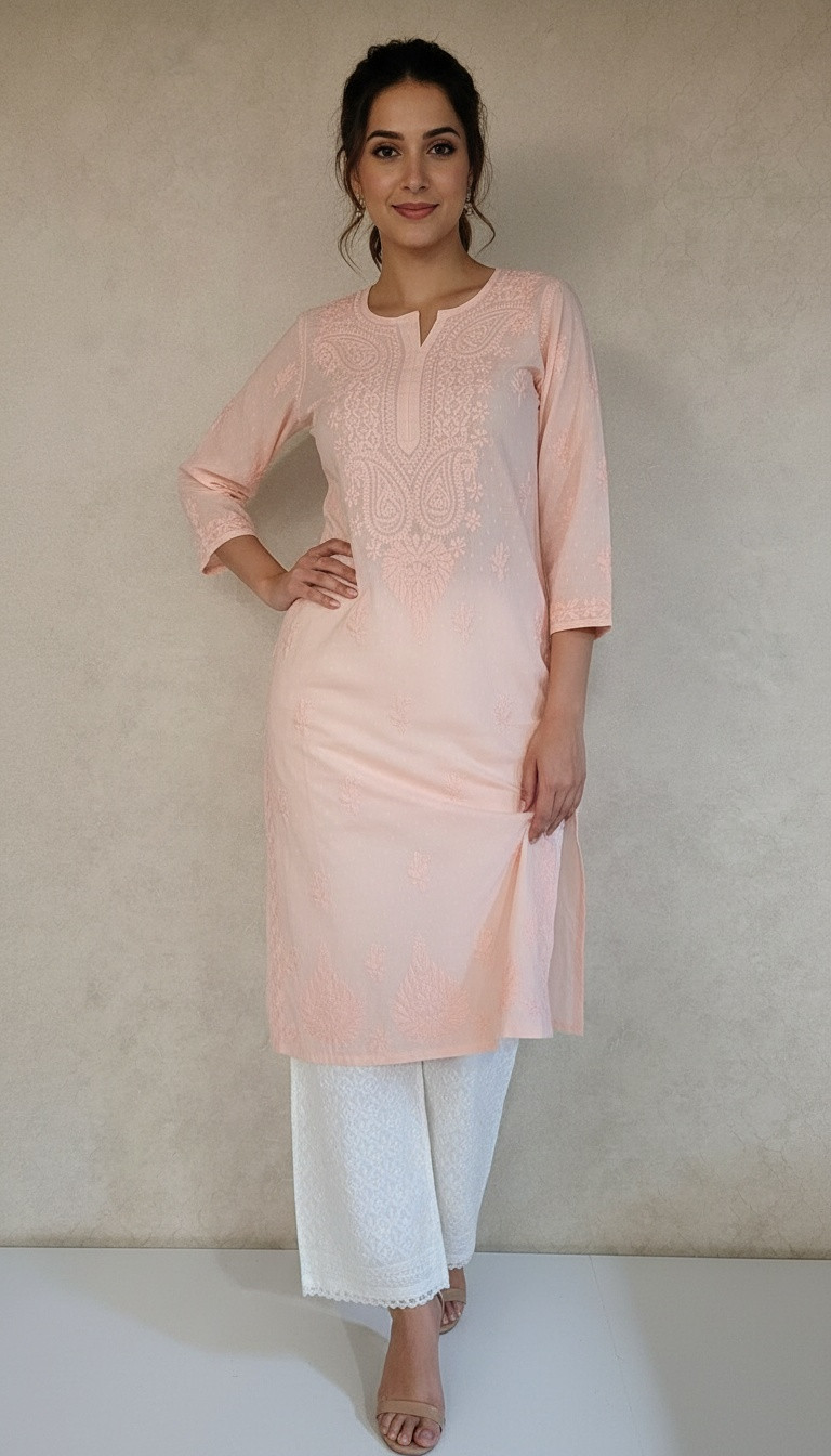 Peach Pink Cotton Chikankari Kurta