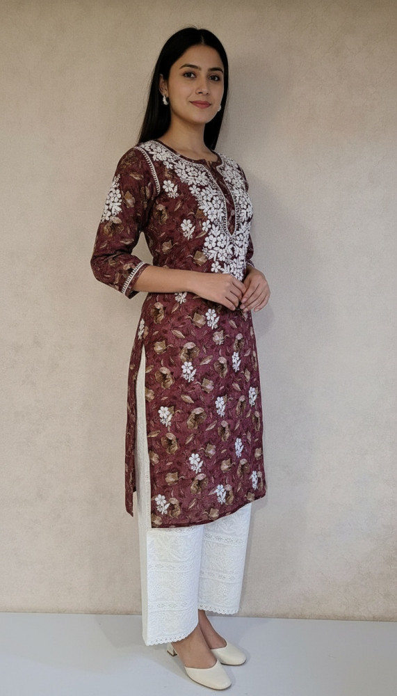 Image of Maroon Print Mul Cotton Chikankari Kurta