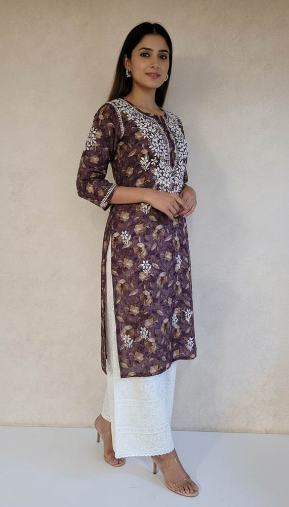 Image of Purple Print Mul Cotton Chikankari Kurta